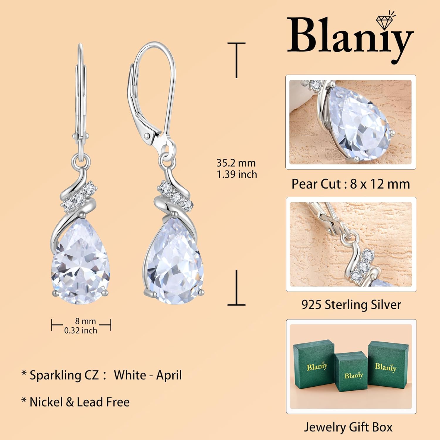 Teardrop Dangle Drop Earrings 925 Sterling Silver Leverback Created Gemstone Earrings Birthstone Jewelry for Women - Image 6