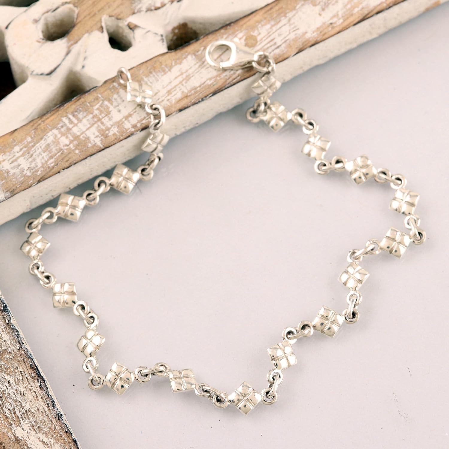 NOVICA Artisan Handmade Sterling Silver Anklet India Jewelry Link [10 in L x 0.2 in W] ' in Diamonds'