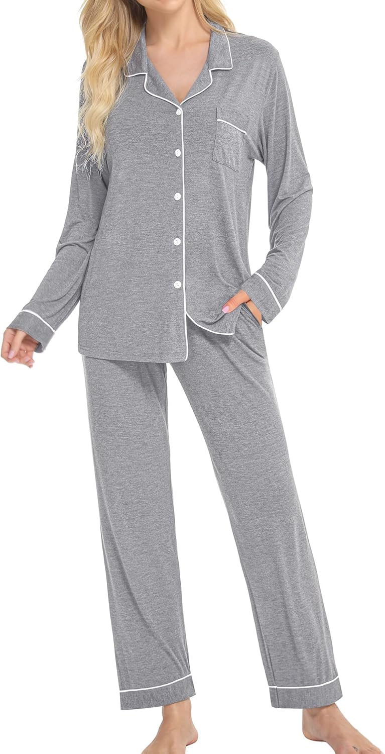 SWOMOG Womens Pajamas Set Long Sleeve Sleepwear Button Down Nightwear Soft Cotton Pj Lounge Sets