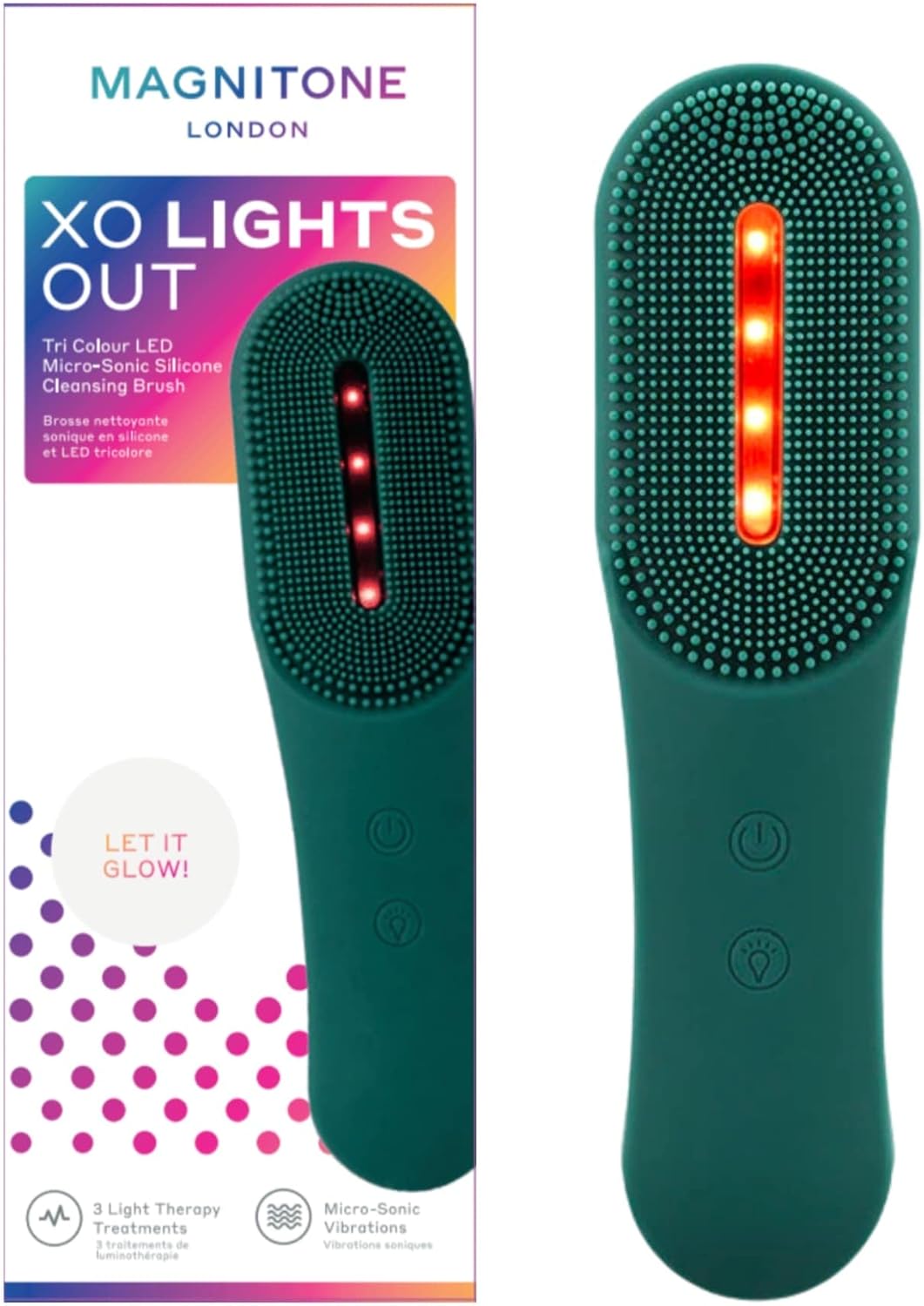 XO LightsOut Tri Colour LED Micro-Sonic reinigingsborstel, reinigt de poriën diep, gezichtsmassage, rood, blauw en geel licht, USB-oplaadbaar, waterdichte elektrische siliconenborstel