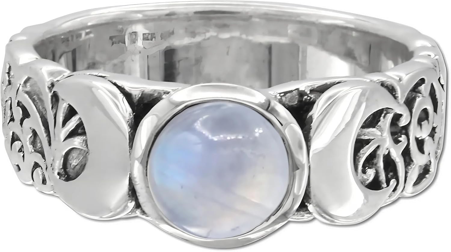Sterling Silver Triple Crescent Moon Goddess Ring with Rainbow Moonstone (Sizes 4-15)