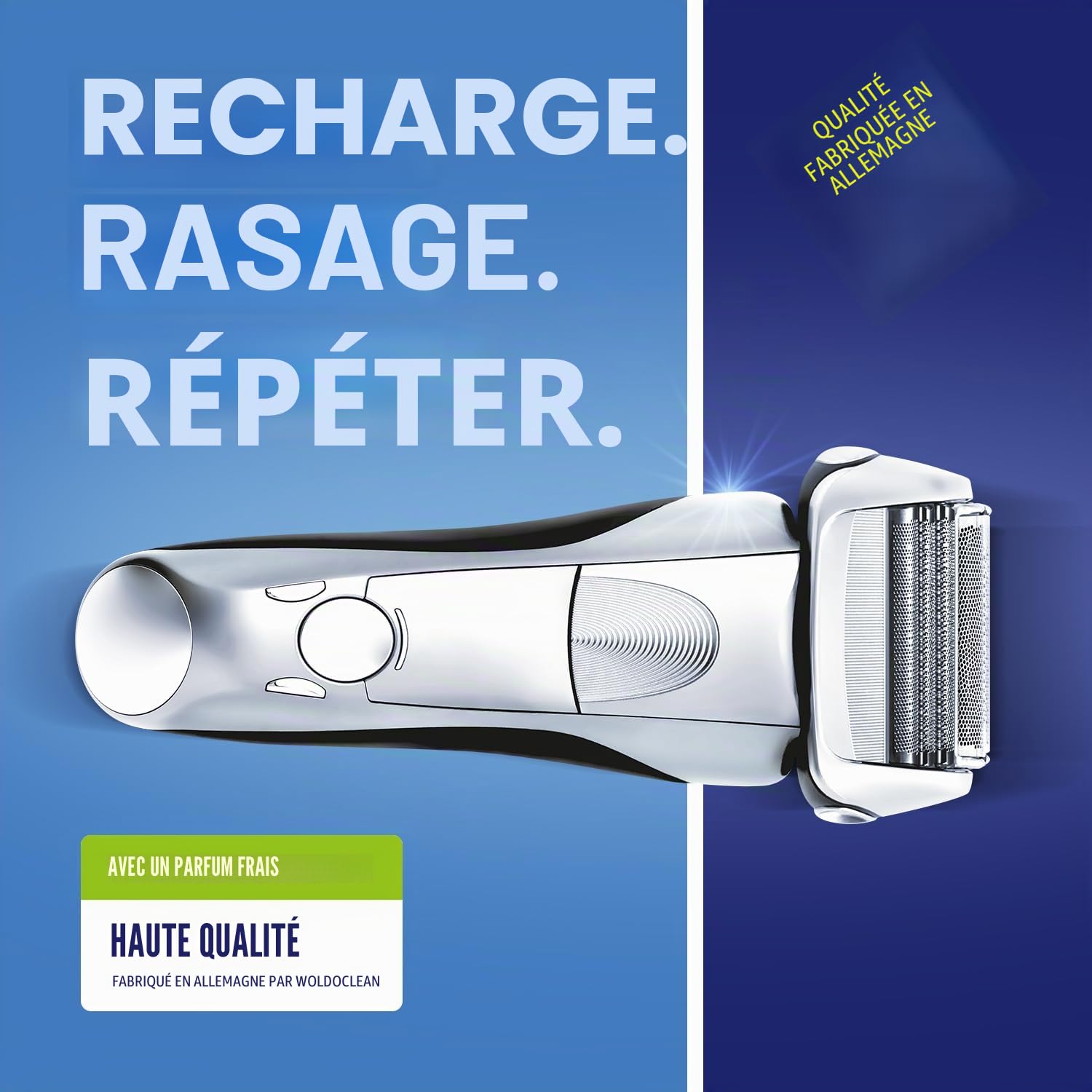 WoldoClean Liquide de recharge nettoyant pour tête de rasoir 1 000 ml – Compatible avec cartouches Braun Clean & Renew, nettoyant rasoir à l’alcool, parfum citron