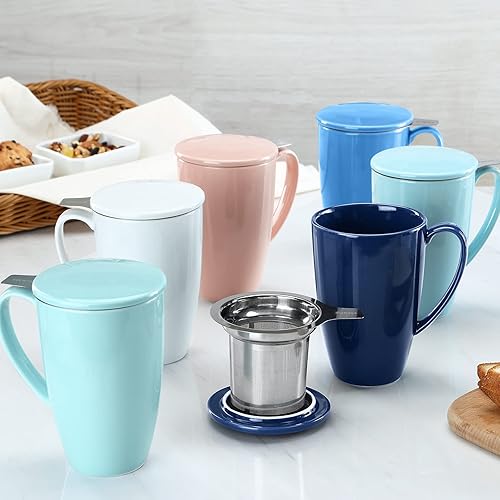 Miniatura 6 de Yedio Taza de té de porcelana con infusor y tapa, taza de té de 15 onzas con filtro para té, leche, café, infusores de té de hojas sueltas, turquesa