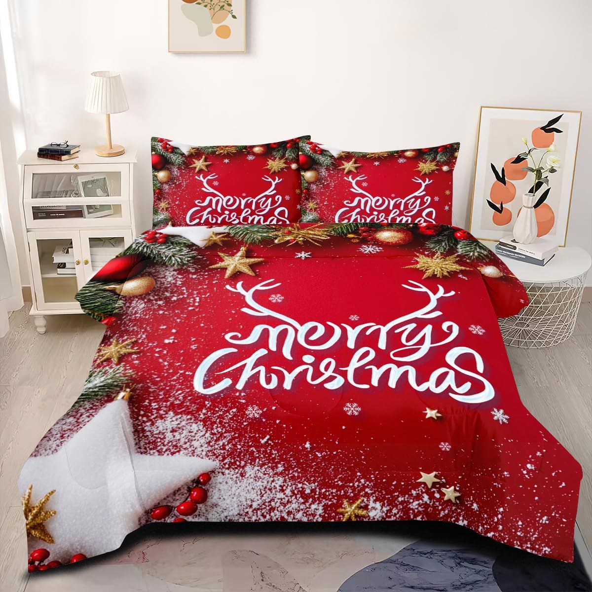 CCoutueChen White Red Merry Christmas Comforter Twin Size
