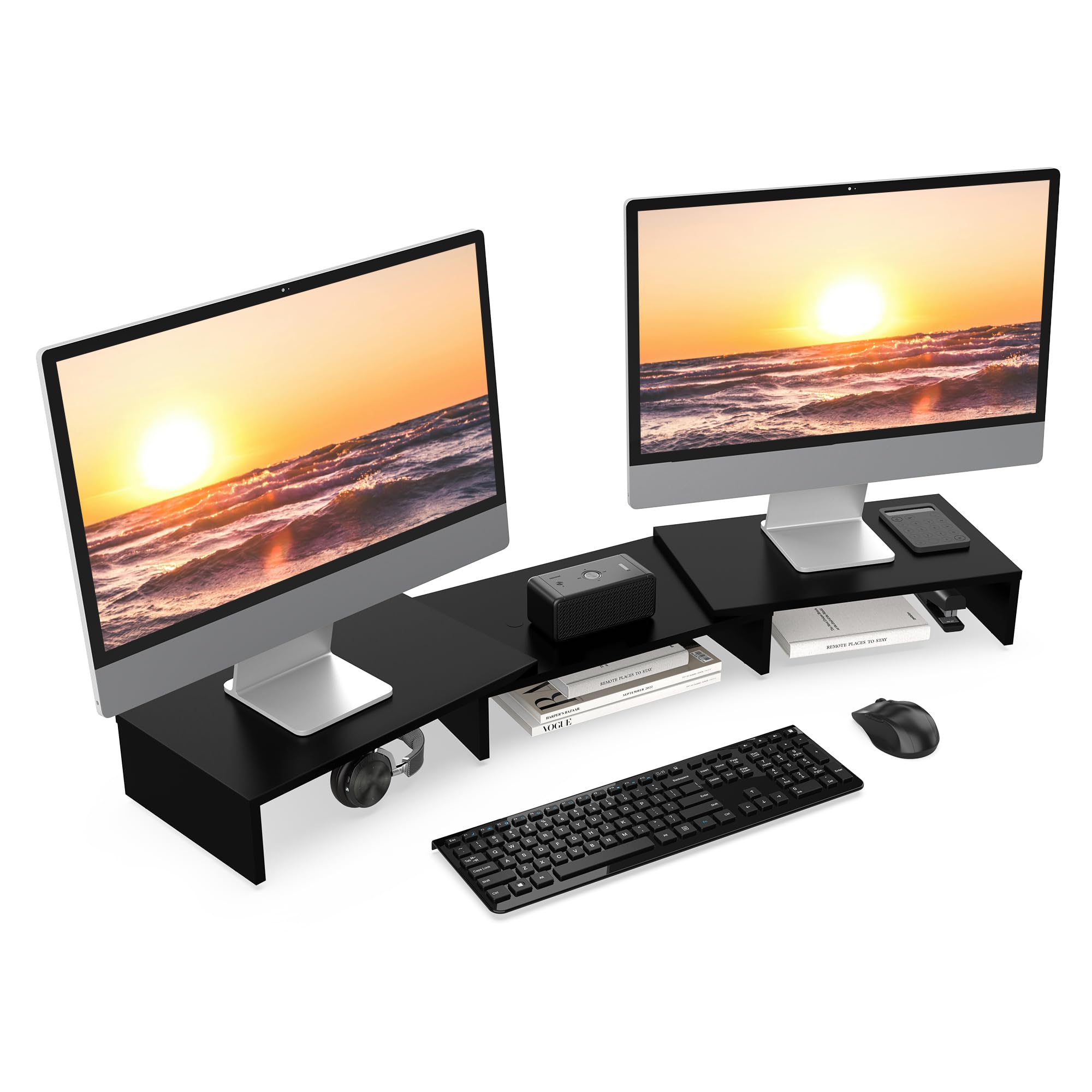 FITUEYES Podwójny stojak na monitor, drewniany stojak na ekran laptopa, 3 półki, regulowana długość obrotowa, artykuły biurowe, organzator biurkowy, maksymalne obciążenie 25 kg, czarny