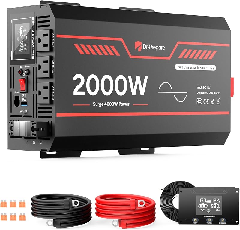 DR.PREPARE Inversor de onda sinusoidal pura de 2000 W, convertidor de 12 V CC a 110 V CA, con pico de 4000 W, protección GFCI, 3 tomas de CA, puerto de cableado, control remoto, inversores de energía solar para vehículos, vehículos recreativos, hogar, fuera de la red