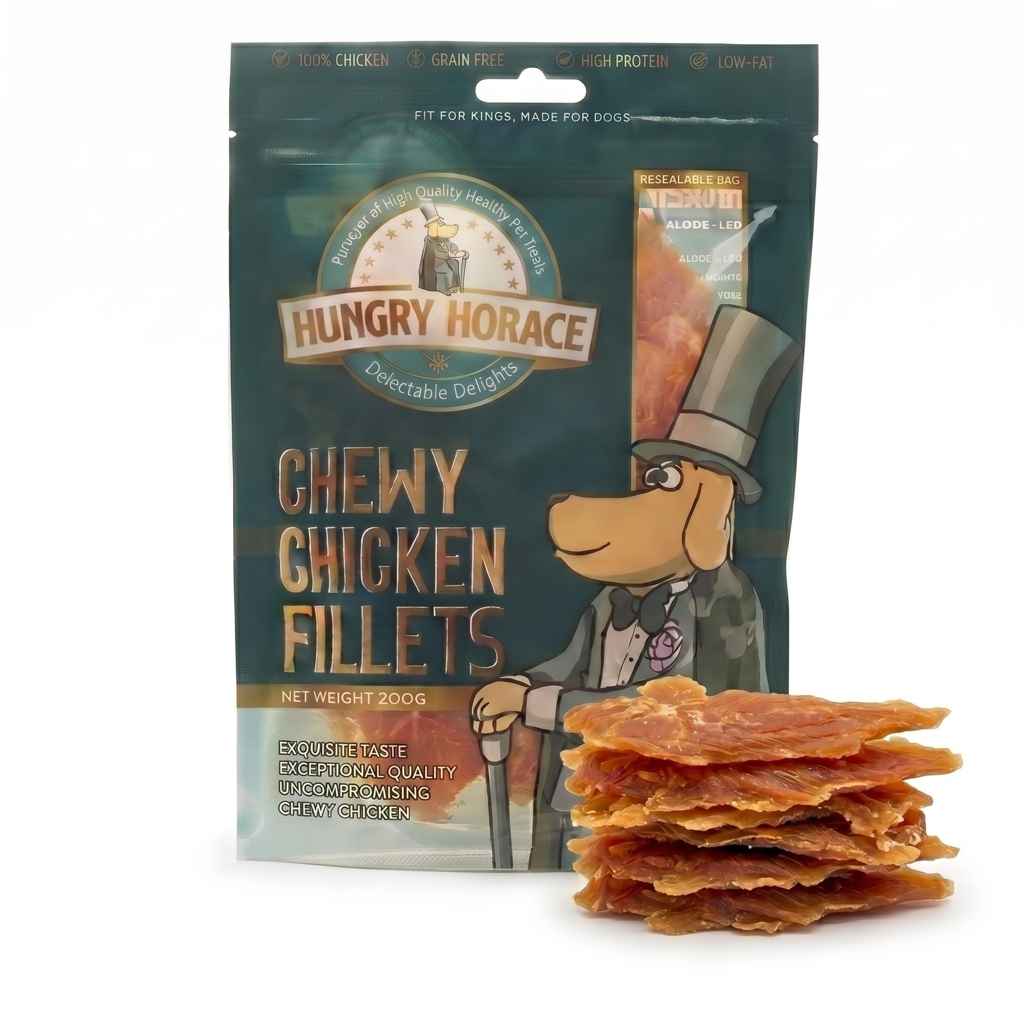 Hungry Horace Chewy Chicken Fillets for Dogs β 85% Chicken Breast, High Protein, Low Fat, Natural Chewy Training Treats, Grain Free, Resealable 200g Pack