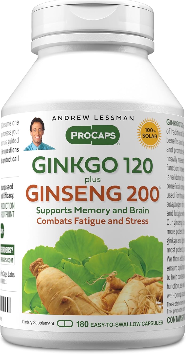 ANDREW LESSMAN Ginkgo 120 Plus Ginseng 200mg - 180 Capsules - Standardized Extract Blend to Support Brain, Memory and Cognitive Function. Adaptogen, Combats Stress and Fatigue. No Additives