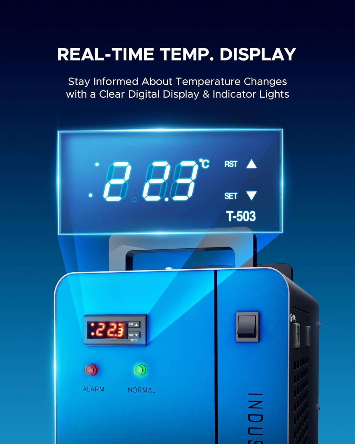 OMTech 6L Industrial Water Chiller 0.9hp 2.6gpm Water Cooling System CW-5200 Water Cooler for 60W 70W 80W 90W 100W 120W 130W 150W CO2 Laser Engraving & Cutting Machines, Cools 5200 BTU/Hour