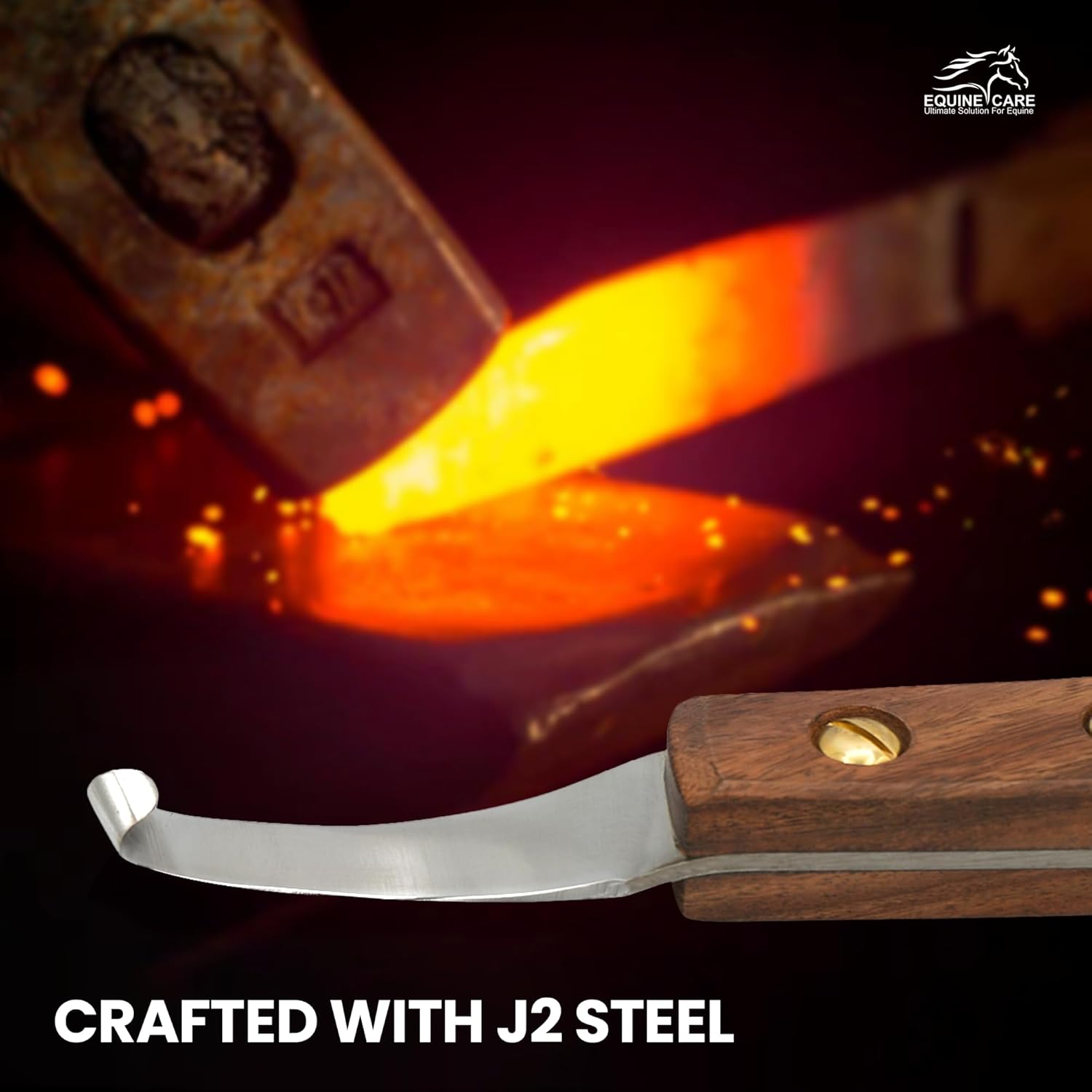 Equine Care Right-Handed Hoof Knife – Ultra-Sharp J2 Steel Blade | Professional Farrier Hoof Knife & Horse Hoof Trimmer | Ergonomic Wooden Handle for Horses & Livestock Hoof Care