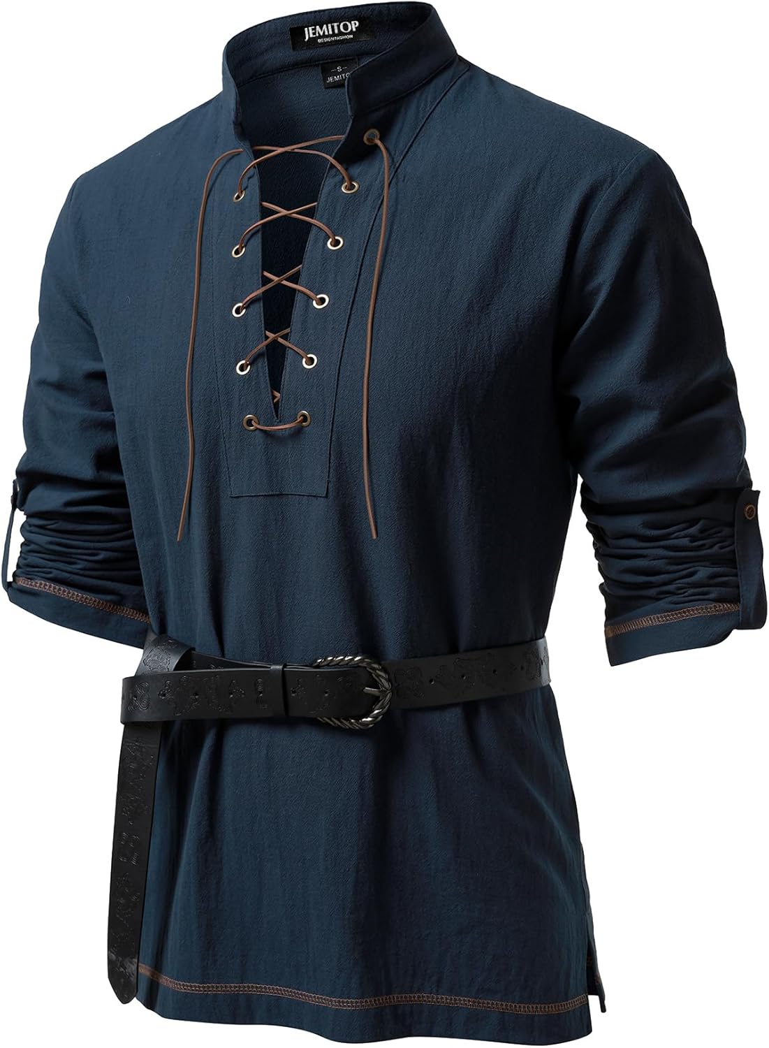 JEMITOP Men's Renaissance Cotton Lace Up Shirt Mandarin Collar Long Sleeve Costume for Medieval Pirate Viking Without Belt