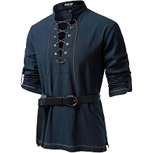 JEMITOP Mens Renaissance Cotton Lace Up Shirt Mandarin Collar Long Sleeve Costume for Medieval Pirate Viking Without Belt