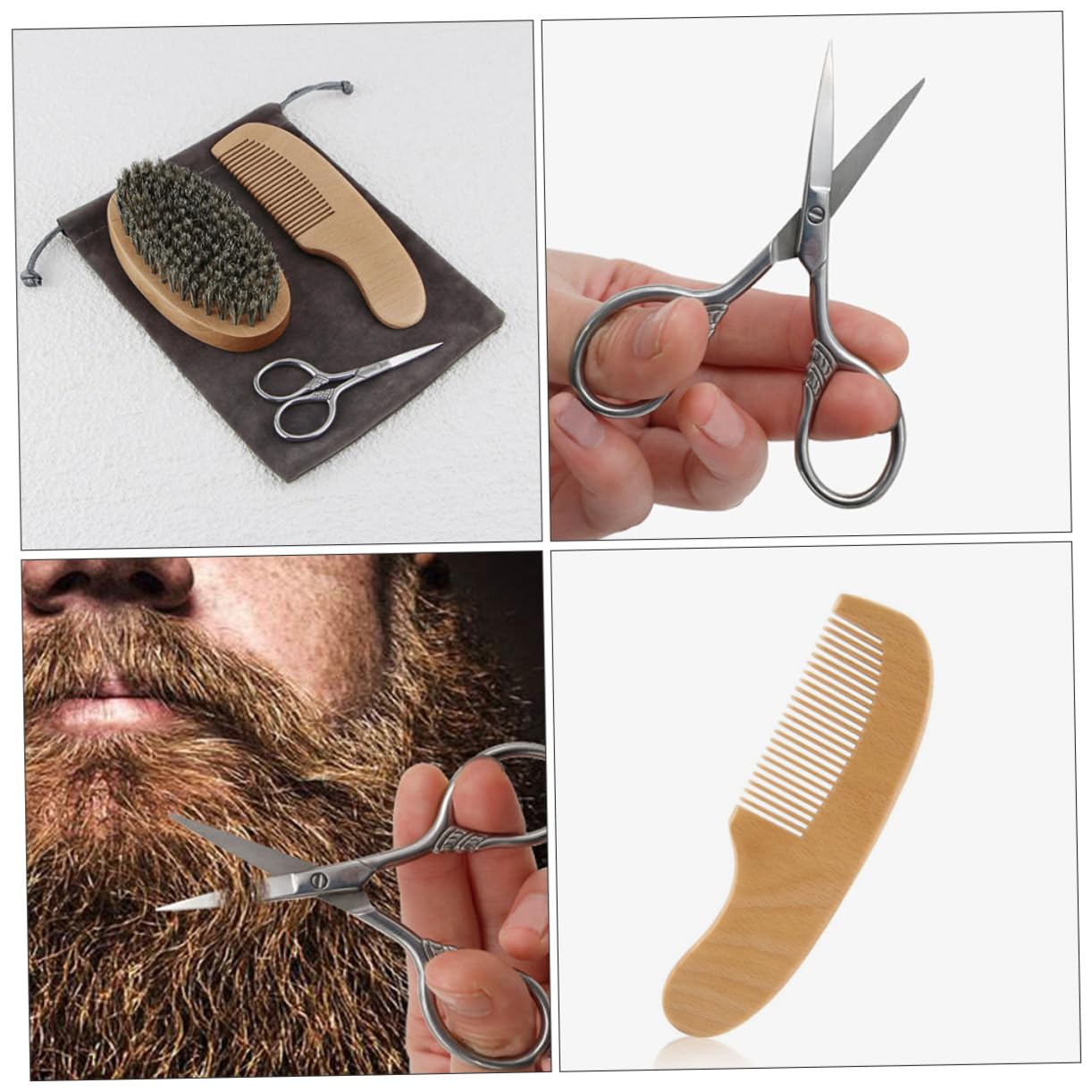 Ipetboom 1Set Beard Caring Tool Grooming Kit with Beard Brush Scissors and Comb for Men Present for Beard Maintenance and Styling Comfortable Material for Daily Use