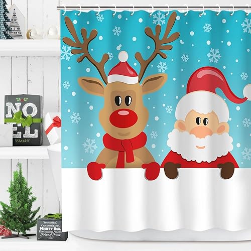 Miniatura 9 de LIVILAN Cortina de ducha de Navidad, diseño de Papá Noel y reno con 12 ganchos, cortina de baño decorativa de Navidad de tela de dibujos animados,