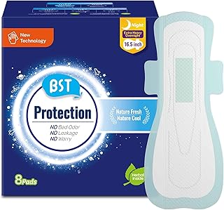 BST Heavy Flow Pads for Women Overnight, Sanitary Pads for Period with Wings,Nature Fresh Cool Herbal Infusion with Camellia and Mint Scent, 16.5 Inch(420 mm), Extra Heavy Overnight, 8 Count
