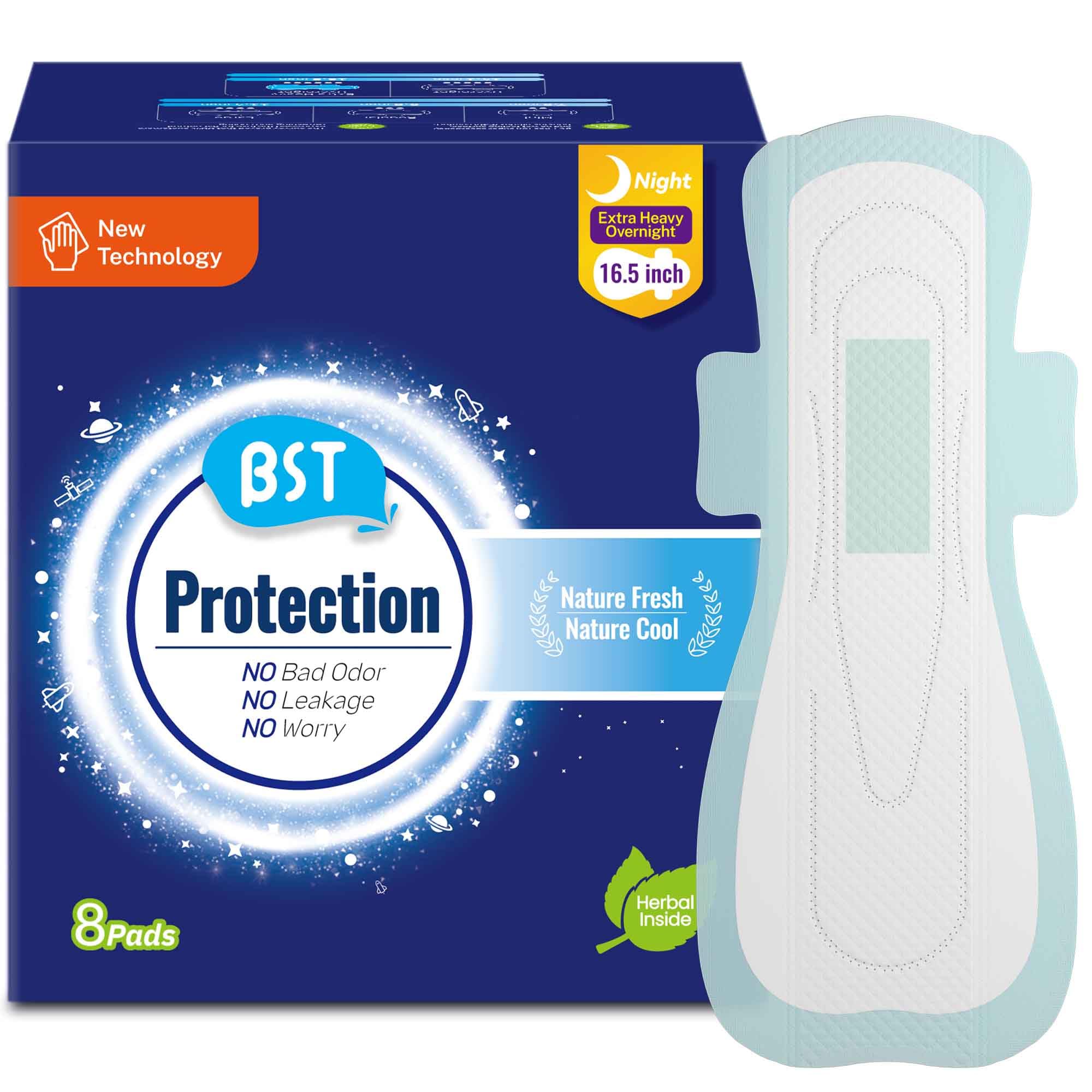 BST Heavy Flow Pads for Women Overnight, Sanitary Pads for Period with Wings,Nature Fresh Cool Herbal Infusion with Camellia and Mint Scent, 16.5 Inch