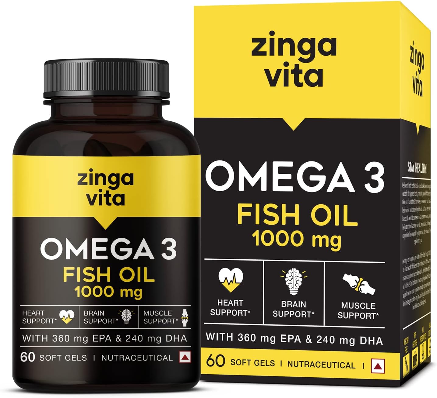 Zingavita Maximum Strength Omega 3 Fish Oil Capsule 1000 mg (360 Mg EPA & 240 Mg DHA), Mercury Free Formula for Heart, Joints & Eye Support for Men & Women, 60 Softgels, 2 month supply