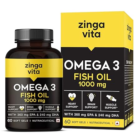 Zingavita Maximum Strength Omega 3 Fish Oil Capsule 1000 mg (360 Mg EPA & 240 Mg DHA), Mercury Free Formula for Heart, Joints & Eye Support for Men & Women, 60 Softgels, 2 month supply