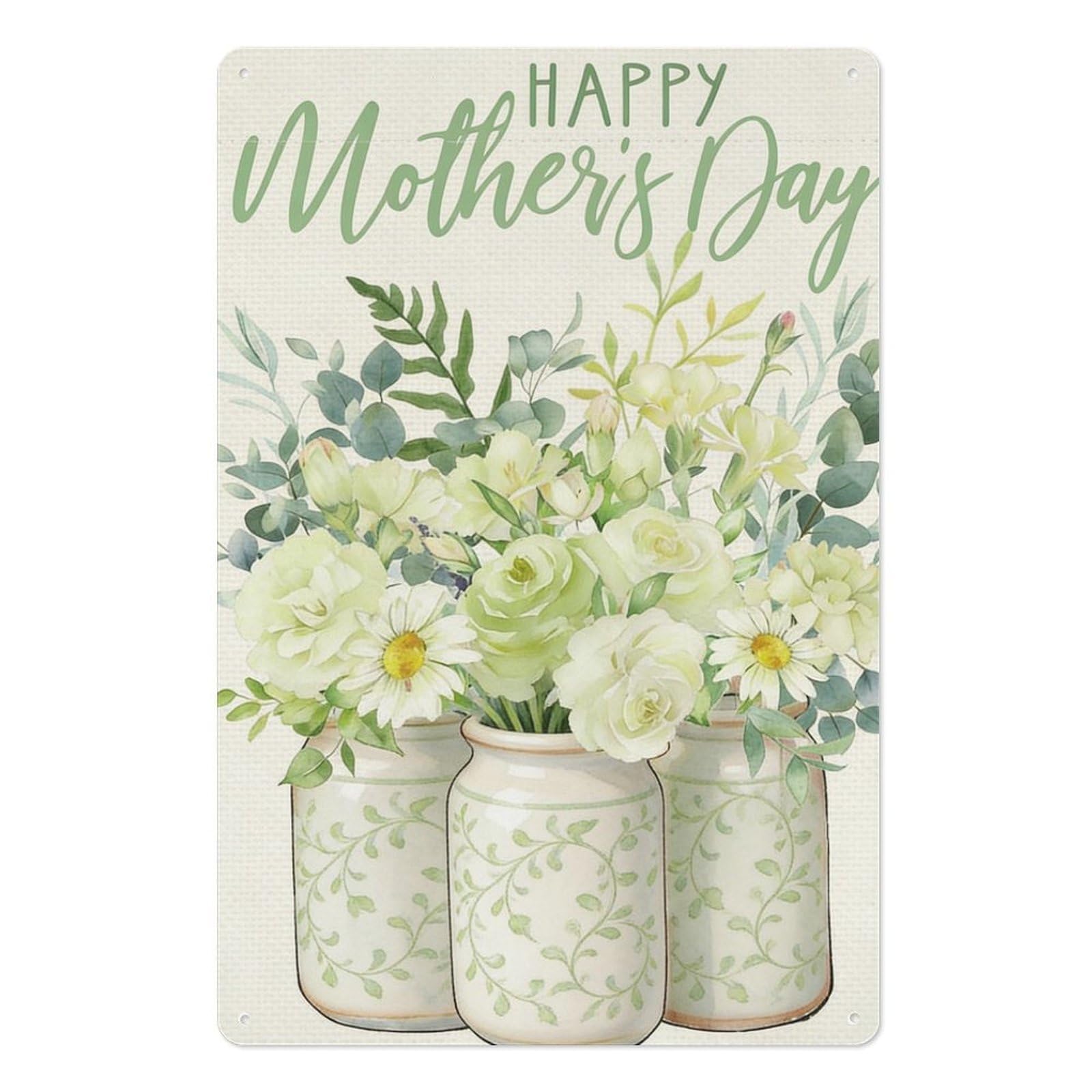 peiyeety Happy Mother's Day Green Rose Metal Tin Sign 8x12 Inch Wall Decor Plaque – Rustic Eucalyptus Floral Wall Art for Home Kitchen Cafe Decoration