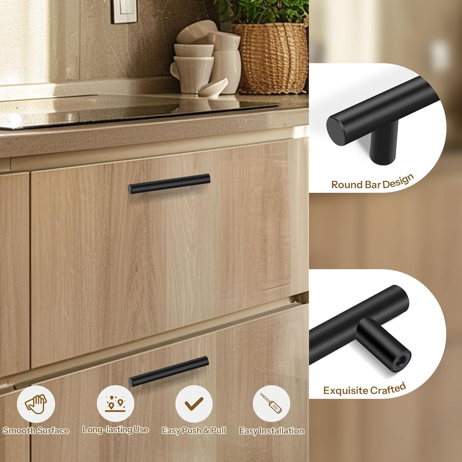 10 Pack T Bar Cabinet Pulls, 5 Inch (128 mm) Matte Black Kitchen Cabinet Handle, 3 Inch Hole Center, Stainless Steel Drawer Pulls for Cupboard, Dresser, Closet