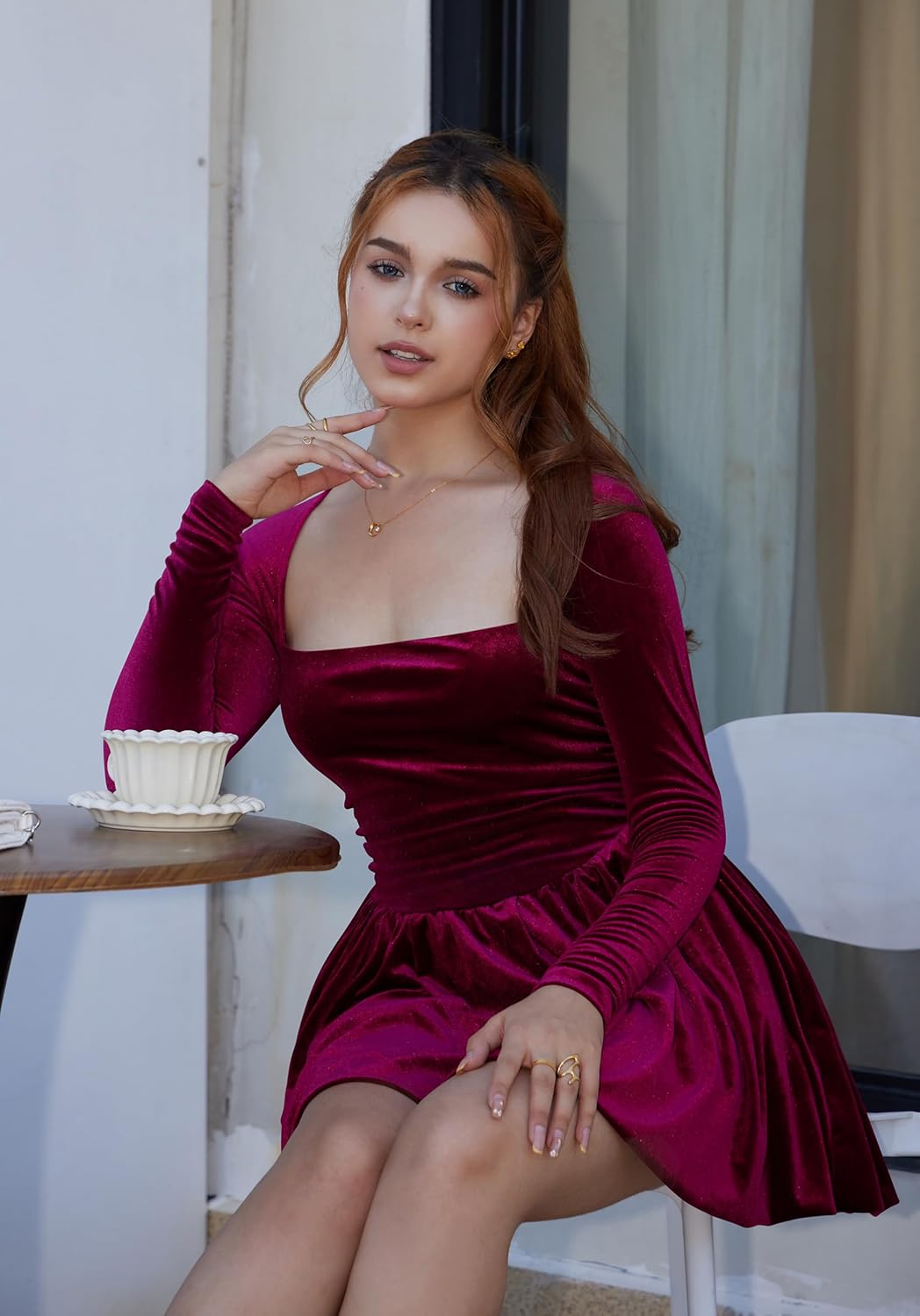 GOBLES Women's Sexy Long Sleeve Square Neck Velvet Bubble Mini Cocktail Party Dress - Image 7