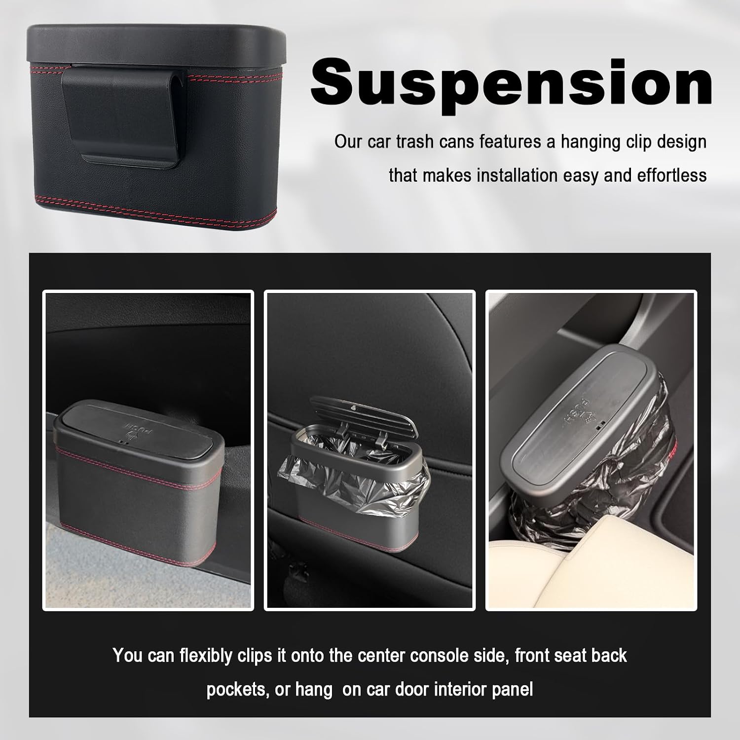 Push-Top Car Trash Can with Lid and Hanging Clip,Small Leather Car Garbage Can with 30 Trash Bags,Multi-Purpose Leakproof Cars Trashes Bin Cars Accessories for SUV,Truck,Auto