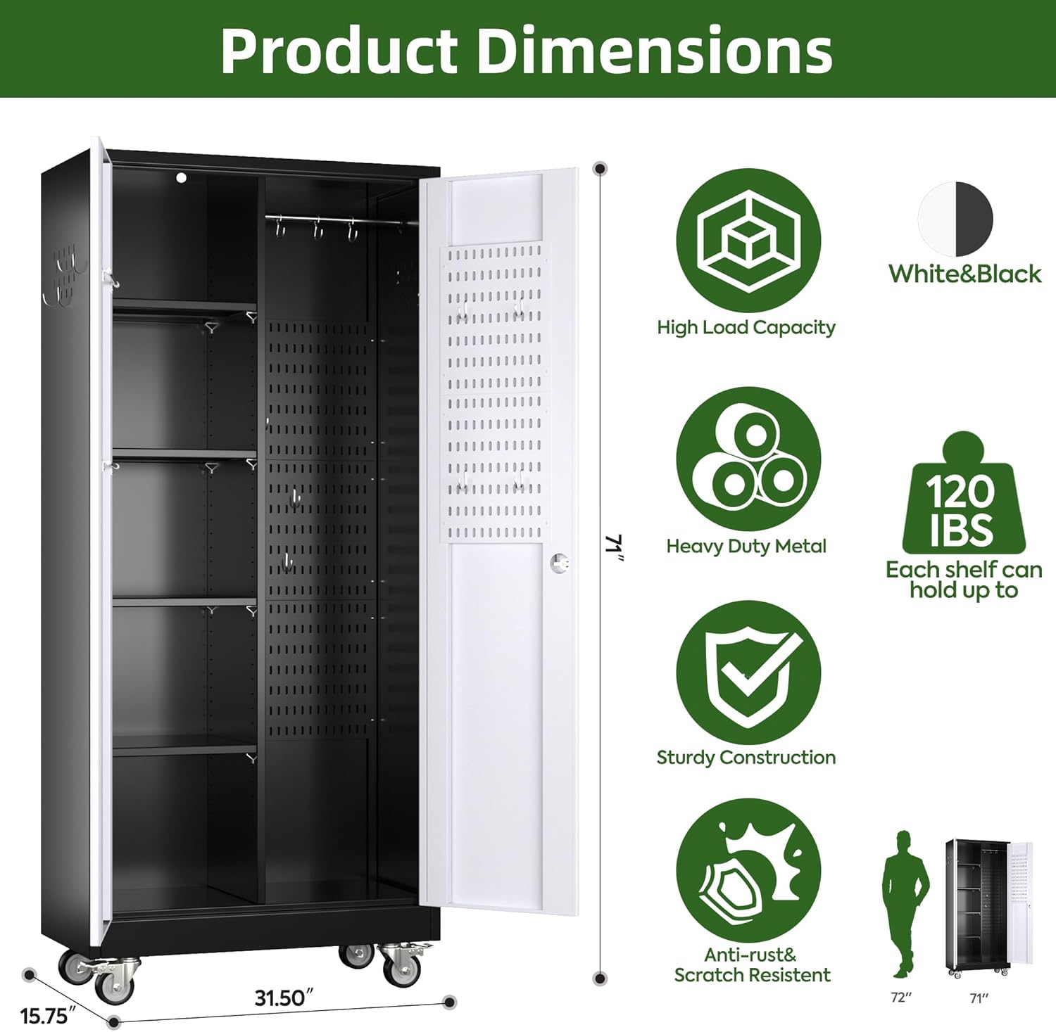 Broom Closet Storage Cabinet with Wheels and Pegboard,Metal Garage Storage Cabinet with Doors and Adjustable Shelves for Garage Home,Required Assembly,Black and White