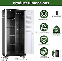 Vista 3 de Armario de almacenamiento de escoba con ruedas, 5 tableros de clavijas y 13 ganchos, armario de almacenamiento de metal con puertas y 4 estantes