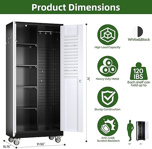 Miniatura 3 de Armario de almacenamiento de escoba con ruedas, 5 tableros de clavijas y 13 ganchos, armario de almacenamiento de metal con puertas y 4 estantes