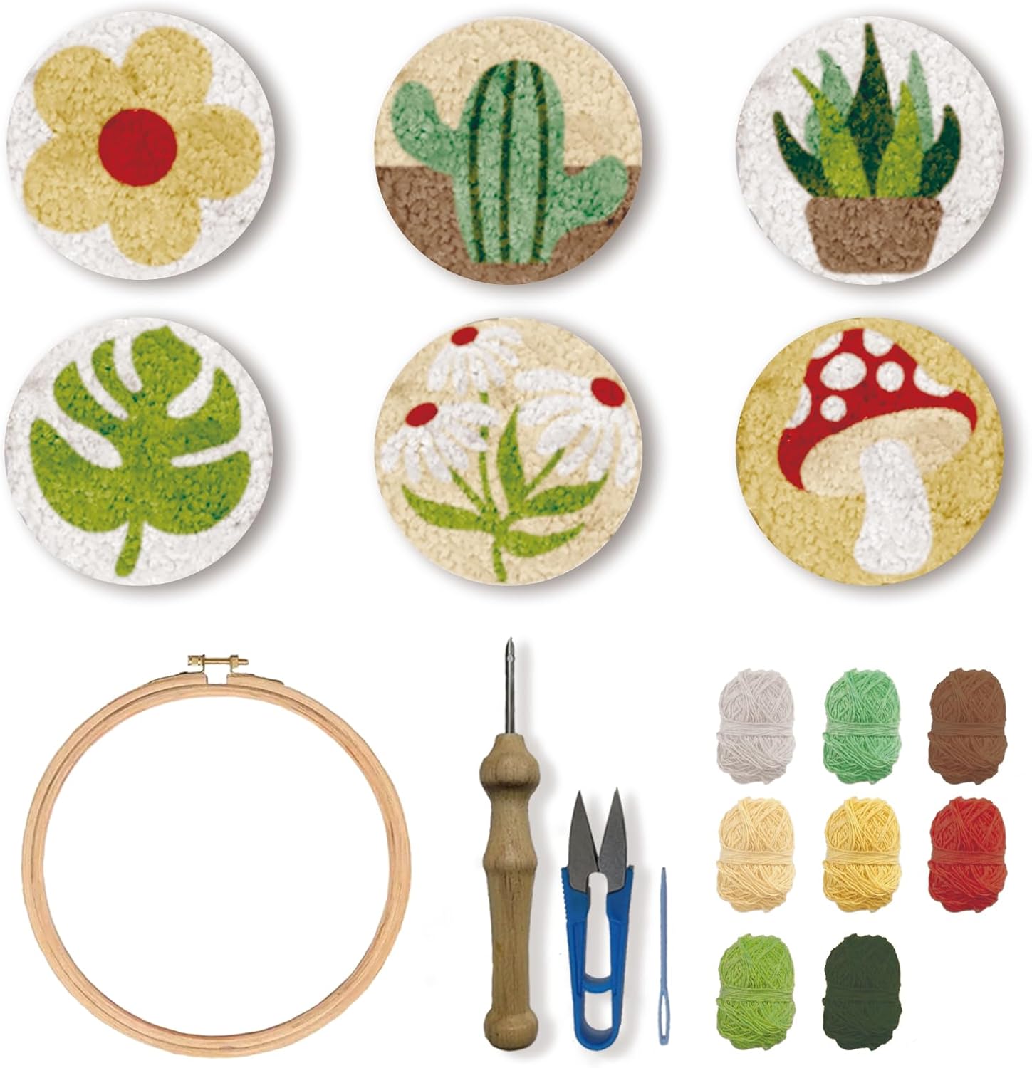 FREEBLOSS 6 Sets Punch Needle Kit Plants Punch Needle Coaster Flowers Leaves Cactus Mushroom Punch Embroidery Kit Punch Needle Embroidery Rug Punch Needle Kit for Beginners