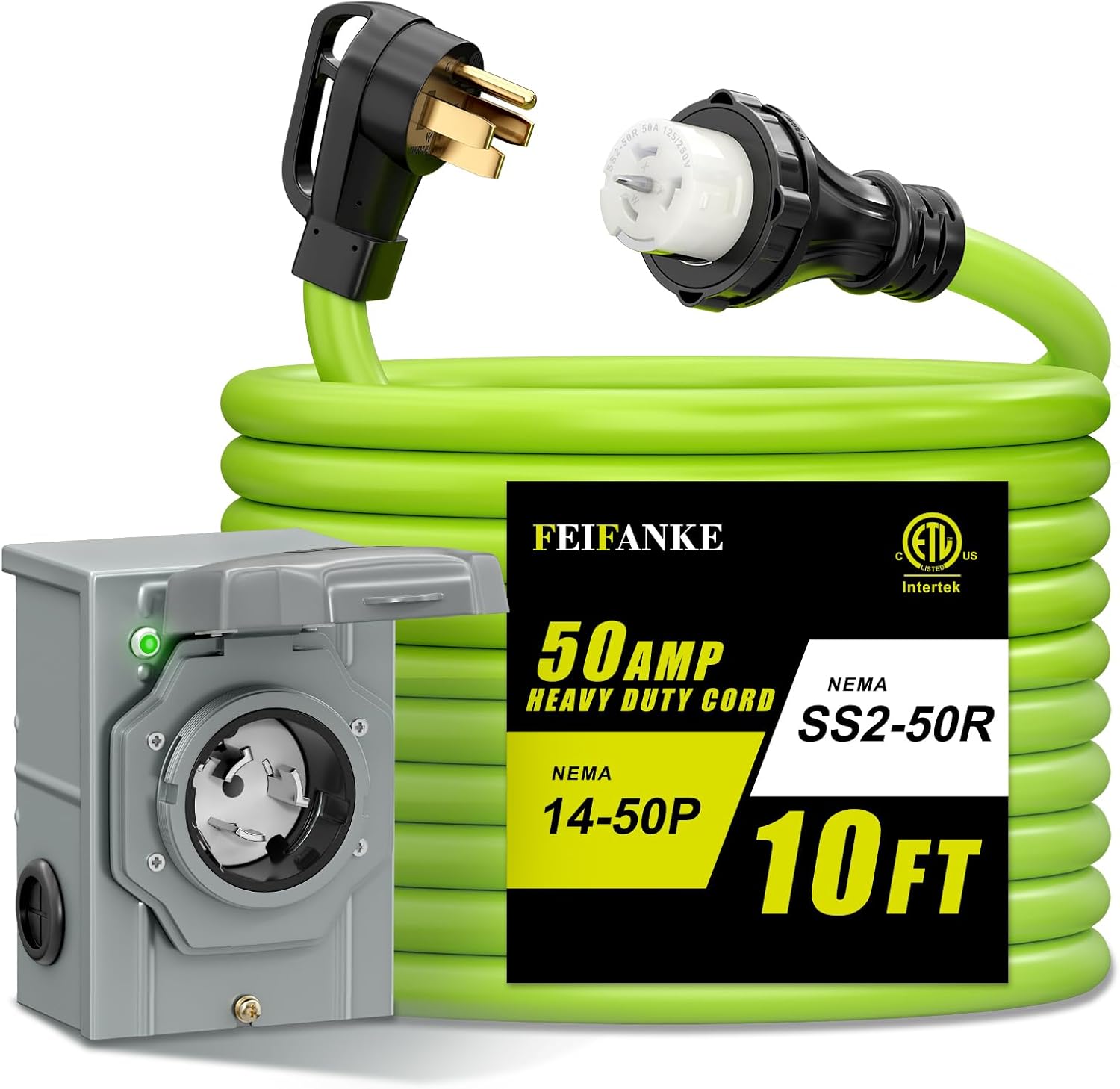 50 Amp Generator Cord and Power Inlet Box Kit, 10 Feet 50A 4 Prong Heavy Duty RV Extension Cord NEMA 14-50P to SS2-50R STW 6/3+8/1 AWG Gauge Wire Cable for RV Camper & House, ETL Listed