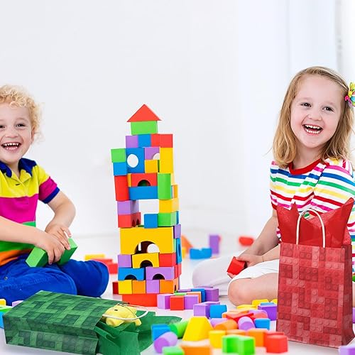 Miniatura 6 de Pasimy 24 bolsas de recuerdos de fiesta de bloques de construcción con 24 piezas de ladrillos de papel de seda, bolsa de papel con tema de bloque a