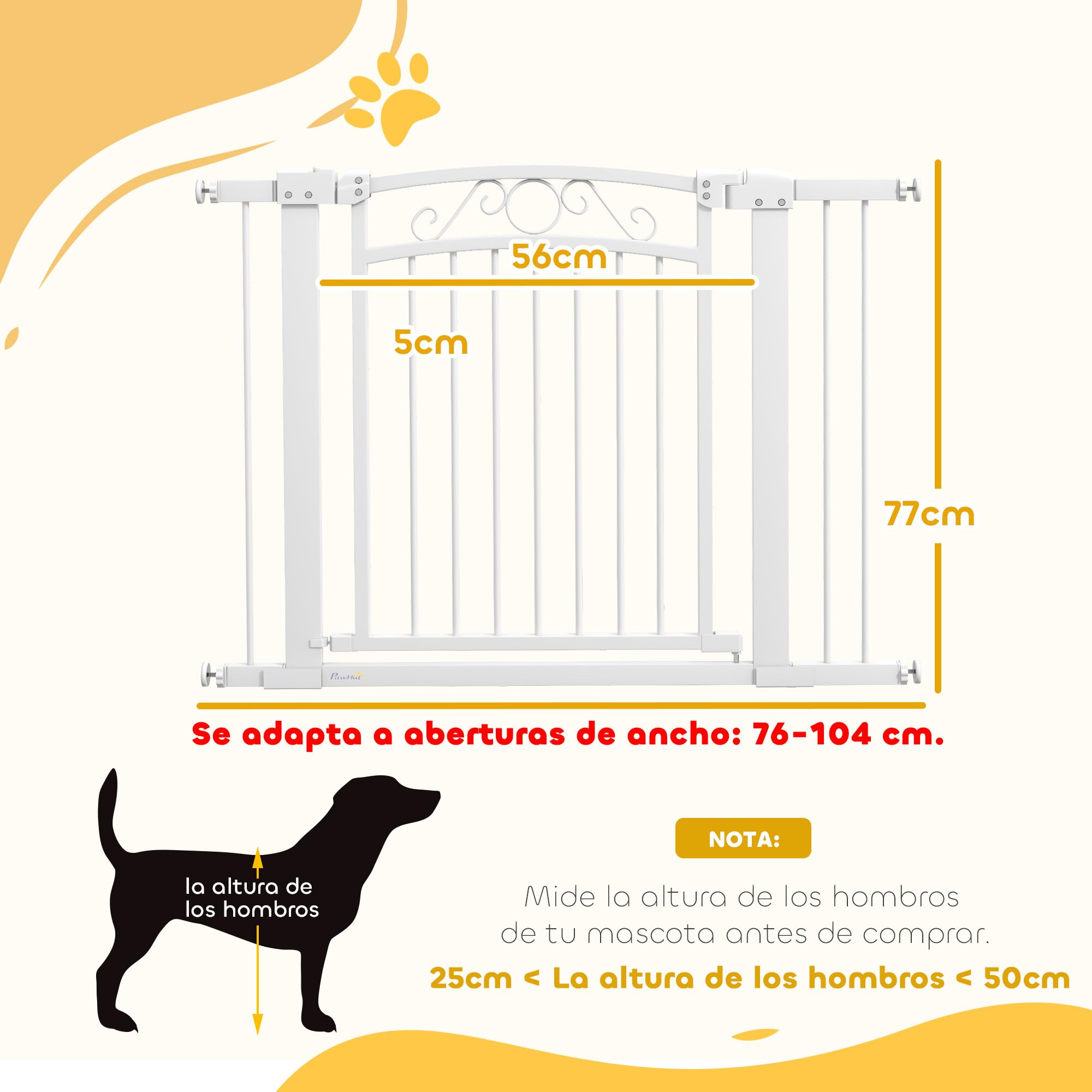 PawHut Barrera para Perros con Cierre Automático, Puerta para Perros 76-104 cm, Barrera de Seguridad con 2 Extensiones 7/14 cm, Fácil Montaje, Doble Bloqueo, para Escaleras y Puertas, Blanco