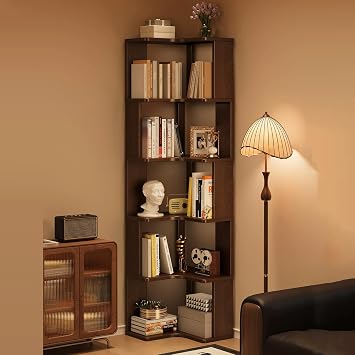 CIOOCPK Corner Bookshelf, L-Shaped Bookcase, Space-Saving Freestanding Corner Display Shelf Unit for Living Room & Bedroom, Walnut