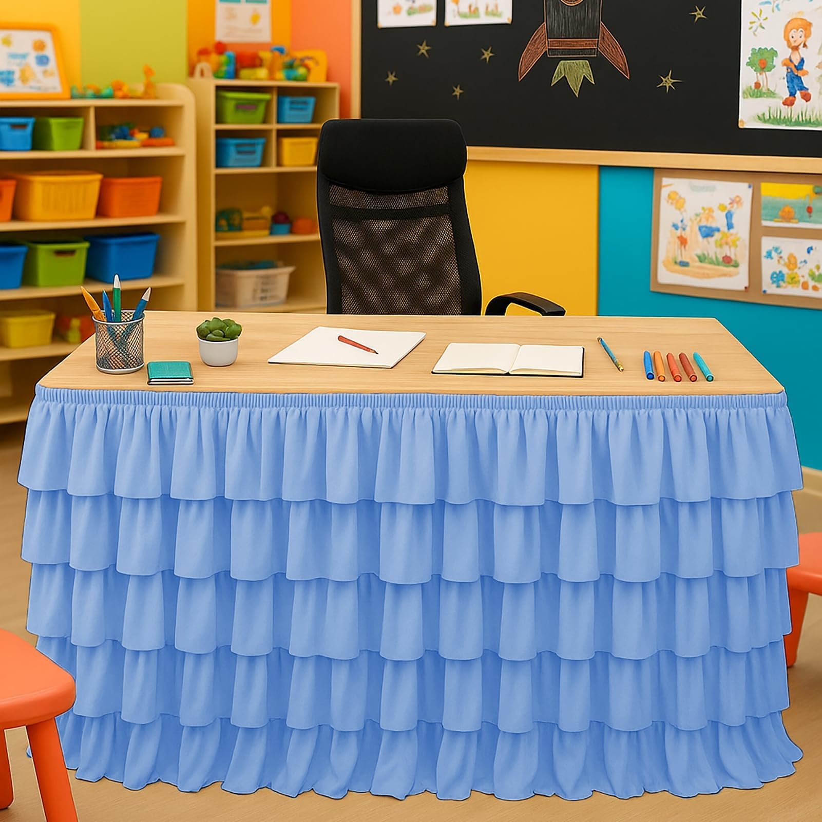 Blue Table Skirt Tutu Ruffled Tablecloth for Classroom Teacher Desk Skirt Back to School Supplies for Princess Girls Birthday Party Cake Dessert Decorations, 9FT