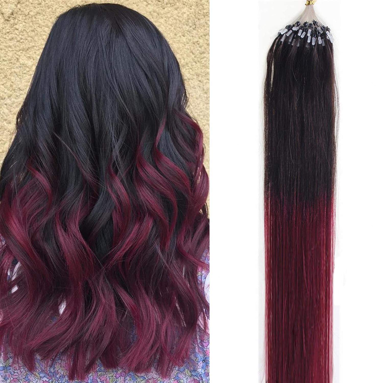 Micro Loop Human Hair Extensions Microbeads Link Premium Remy Hair Ombre Off Black to Burgundy Red T1B/Burgundy 20inch 100strands 50gr