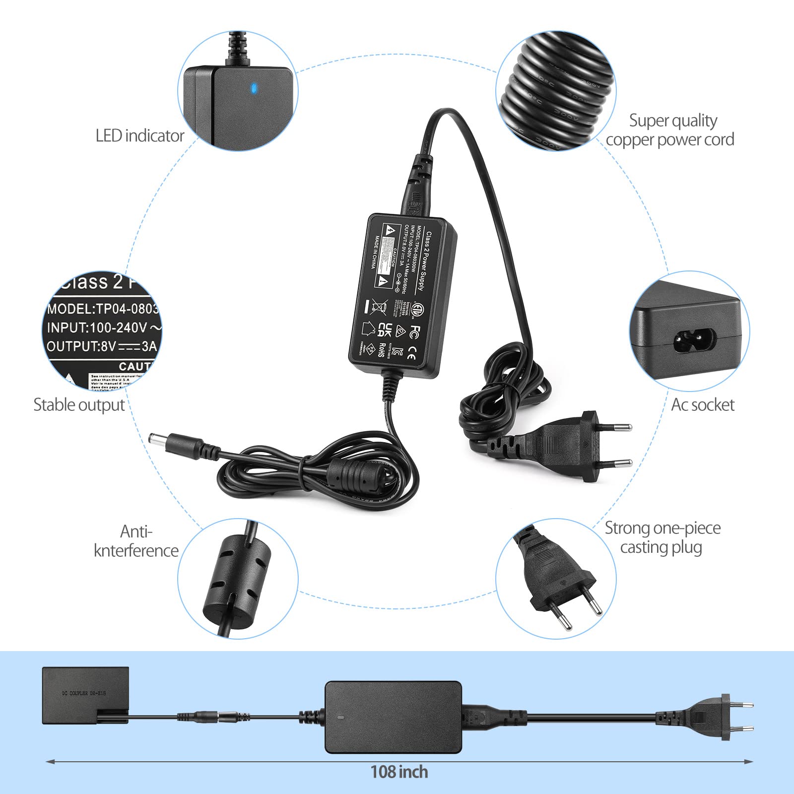 ENEGON LP-E17 Kit Adaptateur de coupleur de Batterie factice ACK-E18 DC Compatible avec Canon Rebel SL2, T6i, T6s, T7i, EOS M3, M5, M6, EOS 200D, 250D, 77D, 750D, 760D, 800D, 8000D, Kiss X8i