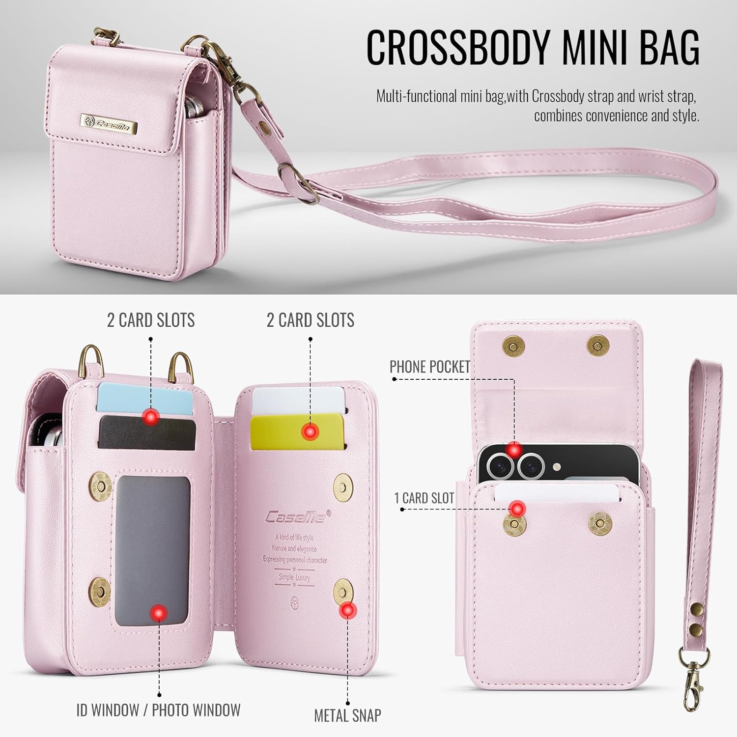 for Galaxy Z Flip 7 7 FE 6 5 4 3 Phone Case Wallet Crossbody, RFID Blocking Card Holder Magnetic Snap PU Leather Mini Bag Wallet Phone Case for Motorola Razr 2023/razr+/razr 2024/Razr Plus 2024 Pink