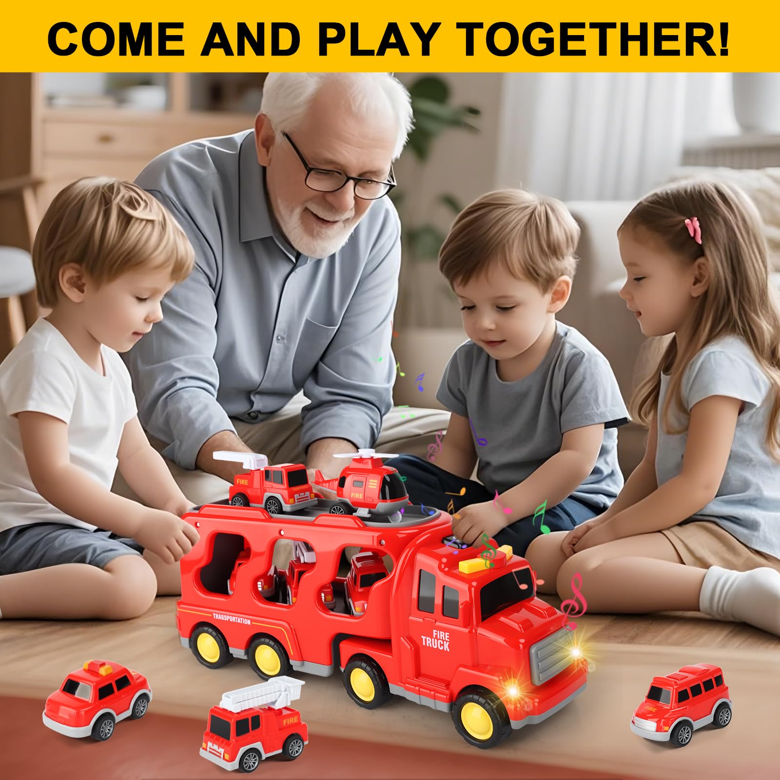 Camion Bomberos Juguete,7 en 1 Camiones de Juguete para Niños de 2-6 Años,Camion Transportador de Coches con Luces y Sonidos,Coche de Juguete de Fricción con 2 Pegatinas,Regalo para Niños
