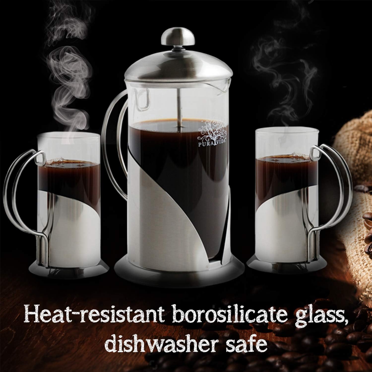 Pura Vida French Press Coffee Maker Set, 34 oz - 4 Level Filtration System - 2 Luxury Mugs - Heat Resistant Borosilicate Glass French Press with Durable 304 Grade Stainless Steel - Tea Maker, 8 Cup