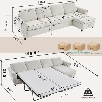 106.5 Pull Out Sofa Bed,L Shaped Modular 4 Seater Couch,2-in-1 Sleeper Sofa,Wireless Charging, USB Charging Ports,Memory Foam Mattress,Storage Space