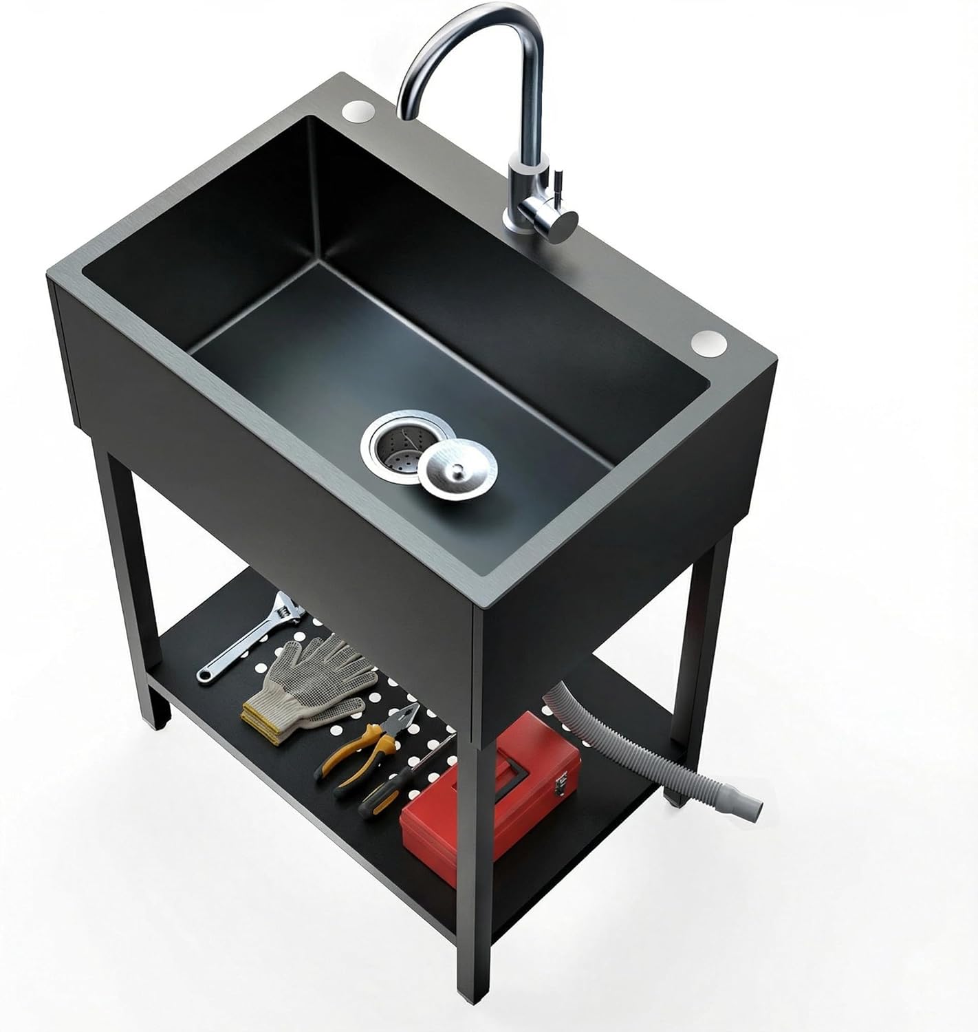 Freestanding Black Utility Sink for Garage, Heavy-Duty Stainless Steel Work Sinks, Deep Basin for Workshop, Laundry Room, Shop, Man Cave