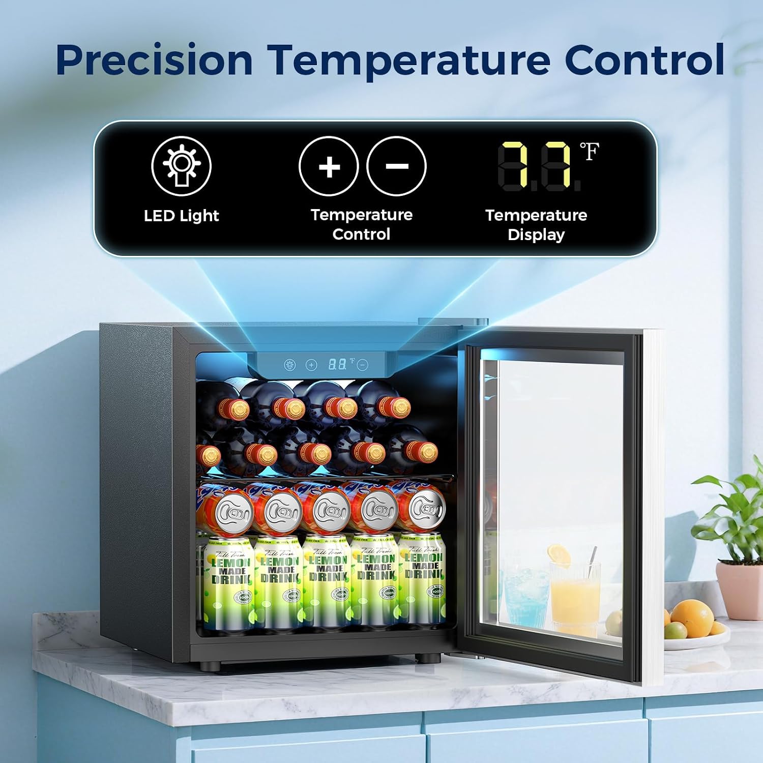 COWSAR Mini Fridge Cooler, 95 Can Beverage Refrigerator with Glass Door, ETL Approved Wine Fridge with Digital Temperature Control, LED Light for Home, Office, Bar, and Game Room - 2.6 Cu.Ft. Black, view 11