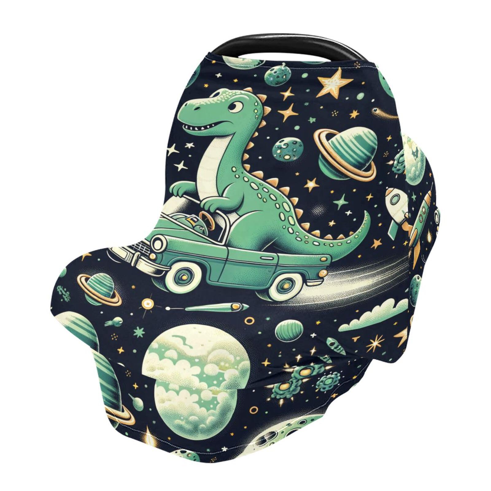 Bulletgxll Space Dinosaurs Green Car Seat Covers for Babies Breathable Nursing Breastfeeding Cover Multi-Use Infant Carseat Canopy and Stroller Cover for Boys Girls