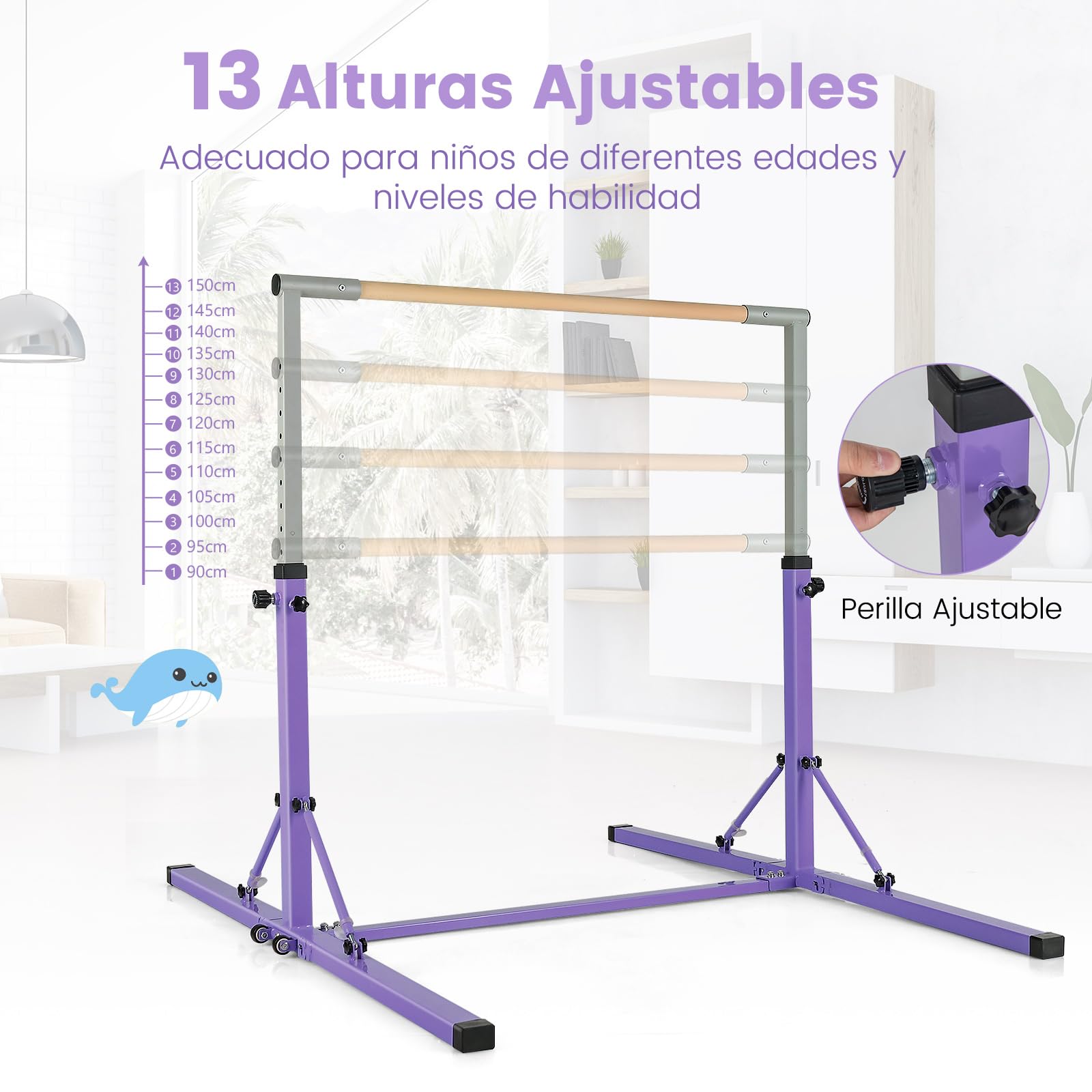 COSTWAY Barra de Gimnasia Plegable para Niños, Barra Horizontal Gimnasia, Alturas Ajustables de 13 Posiciones, Carga 100kg, Casa, Gimnasio