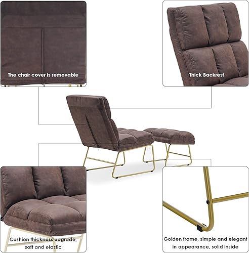 Miniatura 5 de MCombo Silla decorativa con juego otomano, moderna silla sin brazos para sala de estar, dormitorio, espacio pequeño 4013 (tela estampada con calor,