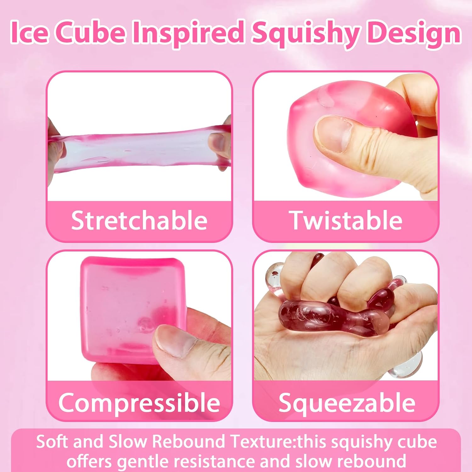 Ice Cube Stress Ball, Medium Cube 5cm(1.98") Fidget Toys, Pink Ice Cube Squishy Cube for Anxiety Relief Stress Reliever, Stress Relief Toys for Adults Kids Children Teens