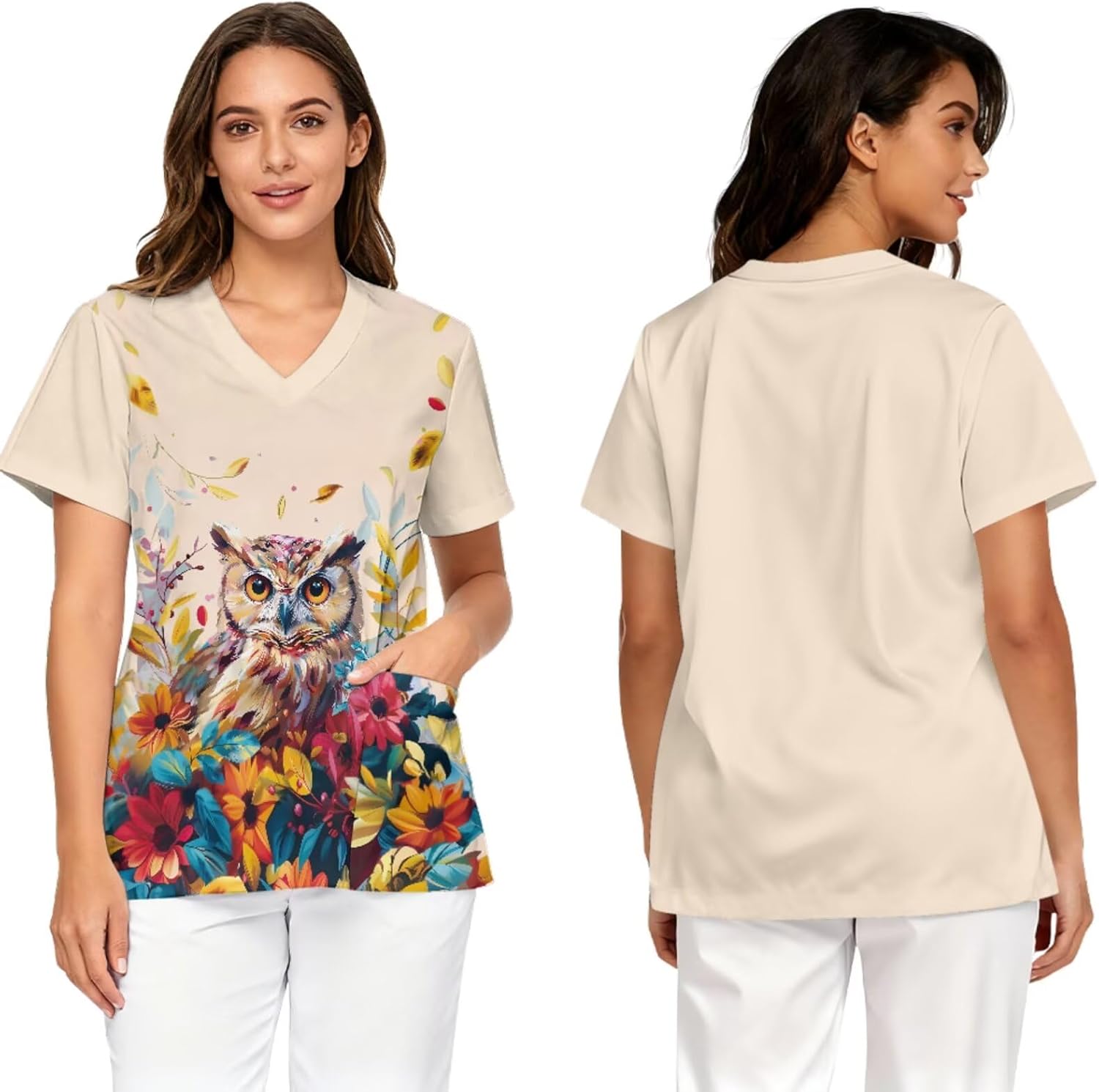 Women's 3Pcs Scrubs Set with Work Cap Print Medical Uniform V Neck Top and Straight Jogger Pants with Six Pockets