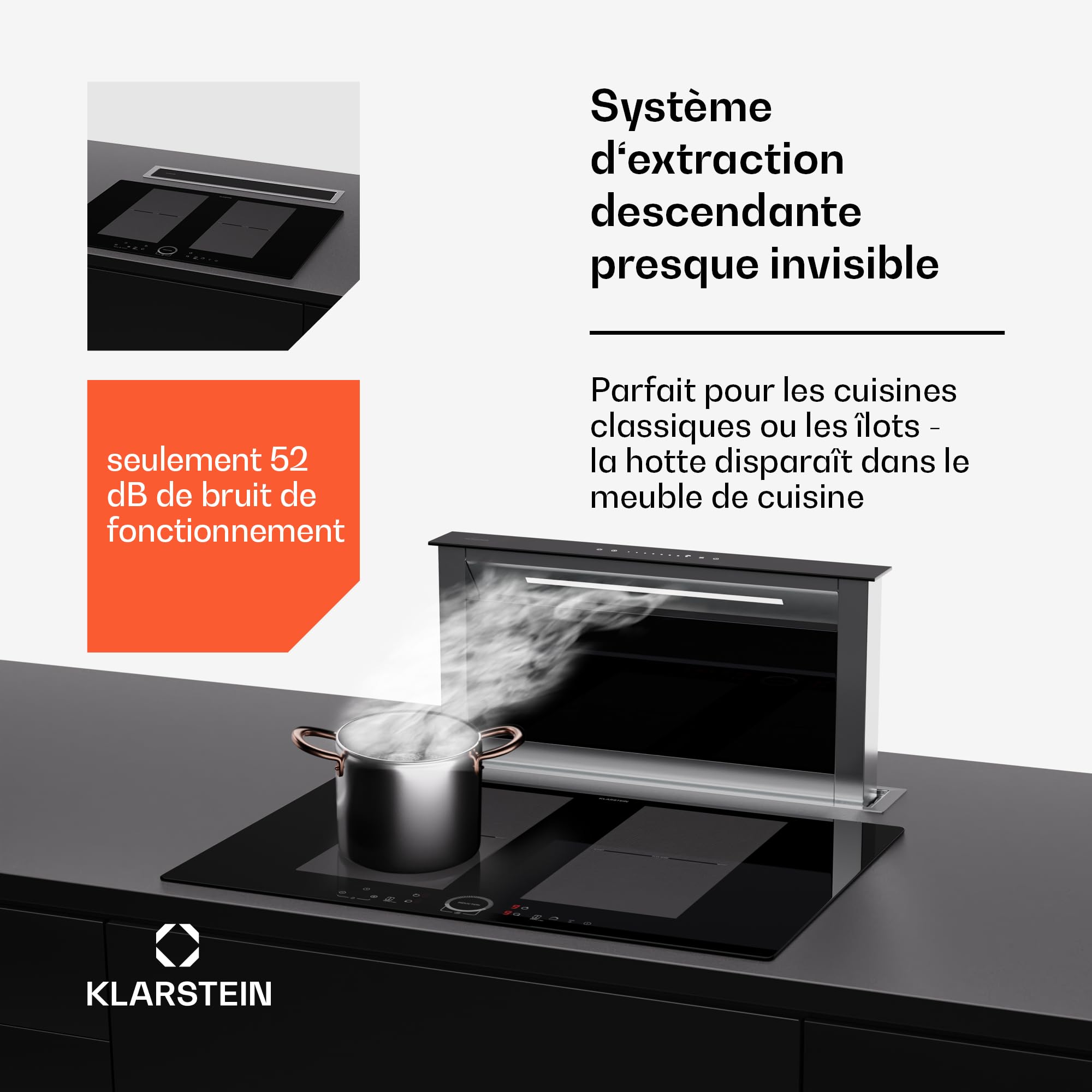 Hotte aspiration descendante Klarstein 60 cm, hotte aspirante escamotable évacuation/air recyclé pour la cuisine, aspirante silencieuse sans tuyau, débit d'air 713