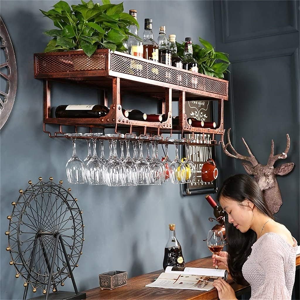 Casier à vin mural rétro en métal avec support de verres à pied